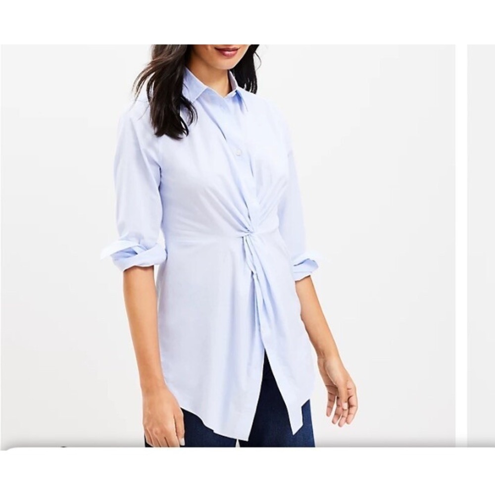 LOFT Light Blue Twist-Front Button-Up Blouse